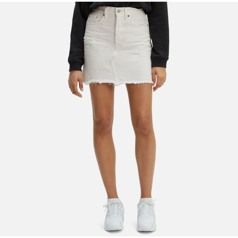 Levi's Womens Distressed Denim Mini Skirt White Button Fly Raw Hem Sz 27
